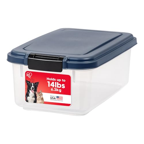 IRIS USA Airtight Dog Food Storage Container, Up to 14 lbs, Dog Cat Bird and Other Pet Food Treats Storage Bin, Dog Cat Wet Food Cans, Keep Fresh, BPA Free, Stackable, Navy