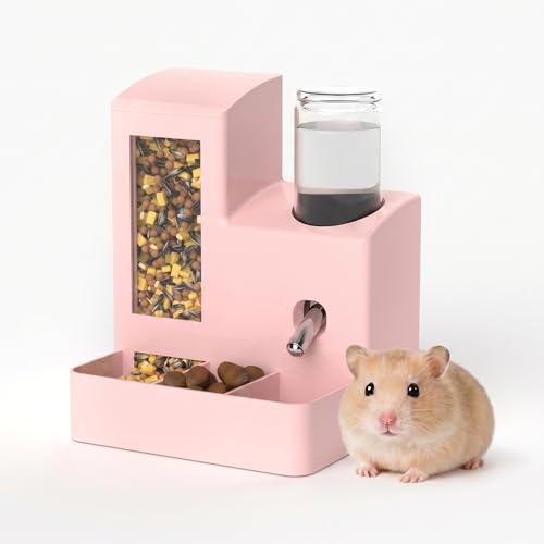 PawluxeNINE Hamster Water Bottle and Feeder, No Drip 2-in-1 Automatic Waterer and Food Dispenser, Gravity Feeding Hamster Cage Accessories for Small Pets 5.51 x 4.33 x 6.49 Inch