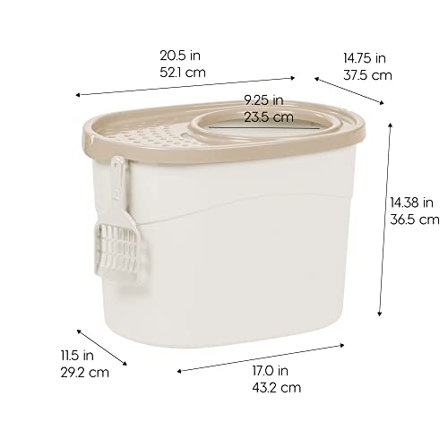 IRIS USA Cat Litter Box Large Top Entry with Lid Enclosed Covered Hooded Design Litter Catching Scatter Shield Pan Dog Proof Pet Proof Scoop Included Odor Control for Indoor Cats Kittens White/Beige