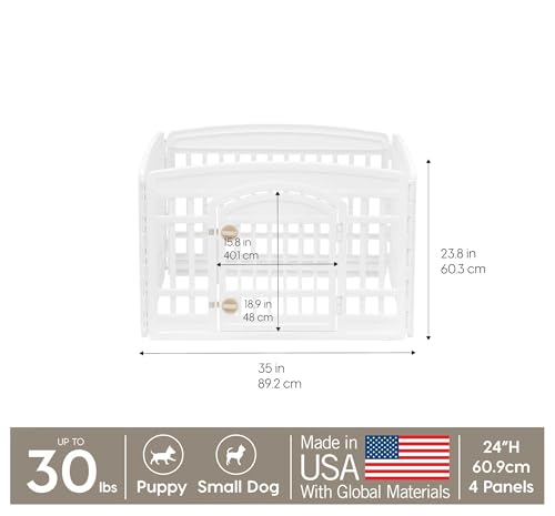 IRIS USA Dog Playpen with Door, 24” 4 Panel Pet Exercise Pen – Indoor Outdoor Puppy Play Pen, Portable Plastic Pet Fence for Small Medium Dogs, Foldable 35” x 35” x 24”, White