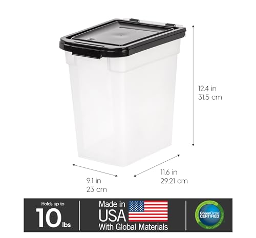IRIS USA Airtight Dog Food Storage Container, WeatherPro, Up to 10 lbs, for Dog Cat Bird and Other Pet Food Storage Bin, Keep Fresh, Translucent Body, Made in USA, Clear/Black