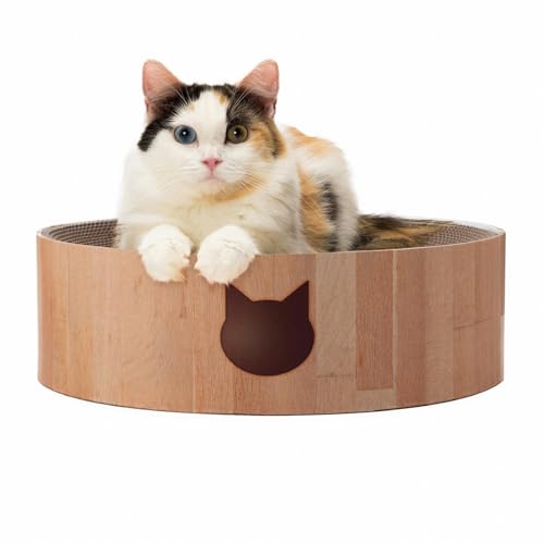 Necoichi Cat Scratcher Bowl for Indoor Cats - Cat Scratching Lounger with Reversible Usability and Extra Comfort for Lounge, Cardboard Bed Couch / (Regular, Oak)