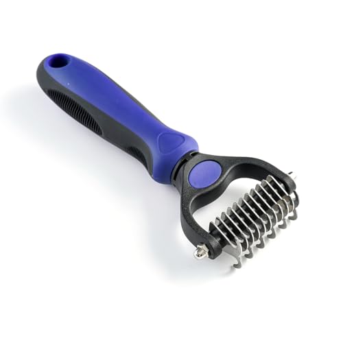 WePet Grooming Rake for Dogs & Cats, Double-Sided Deshedding Brush, Extra-Wide Dematting Tool, Slicker Comb for Undercoat & Loose Hair Removal, Reduces Shedding by 95%, Blue, Small