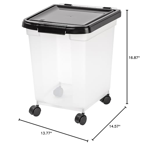 IRIS USA Airtight Dog Food Storage Container, WeatherPro, Up to 25 lbs, Removable Wheels, for Dog Cat Bird and Other Pet Food Storage Bin, Keep Fresh, Translucent Body, Made in USA, Clear/Black