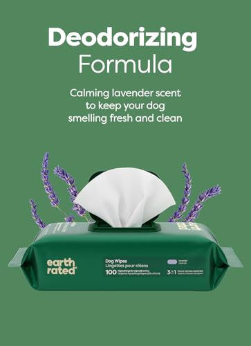 Earth Rated Dog Wipes, Hypoallergenic, 3-in-1 Cleaning and Hydrating, for Grooming Paws, Body and Butt, Lavender Scented, 100 Count