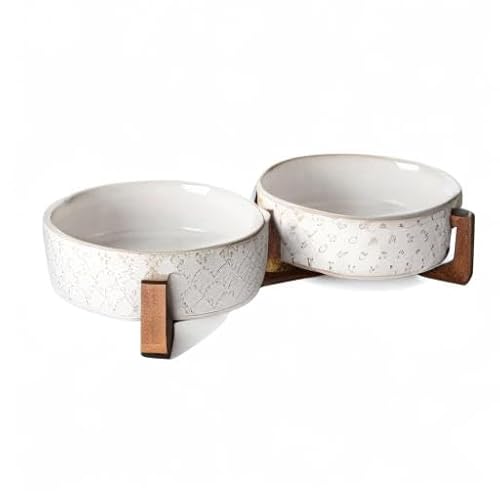 LE TAUCI Dog Bowl Set with Acacia Wood Stand - 1.5-Cup Ceramic Puppy Bowls for Small Dogs, Dual Food and Water Bowls with Weighted Non-Slip Base