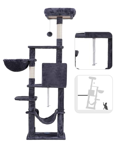 Hey-brother Cat Tree with Large Hammock, Multi-Level Cat Tower for Indoor Cats, Cat Condo with Sisal-Covered Scratching Posts and Top Perch, Smoky Gray MPJ050G