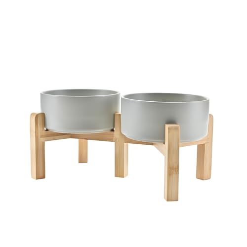 SPUNKYJUNKY Elevated Dog Bowls Ceramic, 6.1'' Dogs and Cat Food Water Bowls Raised with Non-Slip Bamboo Stand for Medium Sized Breed Microwave Dishwasher Safe - 28.7 OZ,Grey