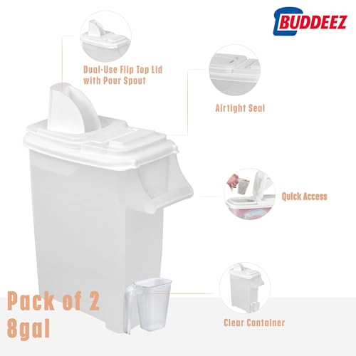 Buddeez 32 Quart Pet Food Dispenser with Lid - Airtight Storage for Dog Food, Cat Food, and Bird Seed - Easy Pour Spout for Mess Free Serving