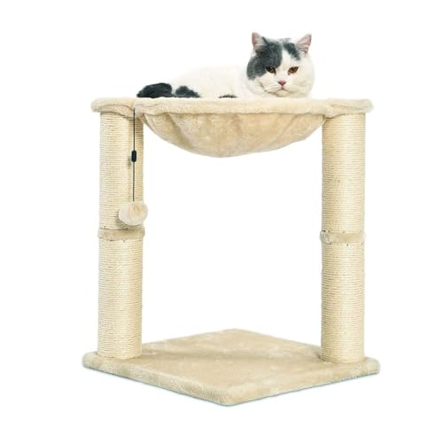 Amazon Basics Cat Tower with Hammock Bed and Scratching Post for Indoor Cats, Easy to Assemble, Interactive Hanging Ball, 15.8" x 15.8" x 19.7", Beige