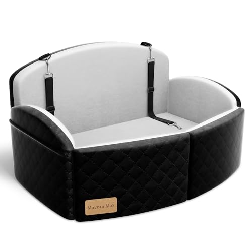 Dog Car Seat for Medium/Large Dogs, Memory Foam Dog Booster Seat with Thick Cushion up to 55 lbs or 2 Small Dogs, Travel Pet Car Seat with Detachable Washable Cover, 2 Safety Leashes (Black/Grey)
