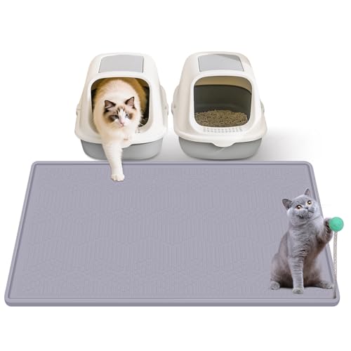 Silicone Cat Litter Mat with Toy, 38x25 Inch Large - Waterproof, Easy Clean Trapping Mat for Kitty Litter Box, Non-Slip Litter Box mat for Hardwood Floors & Carpet Protection (Grey)