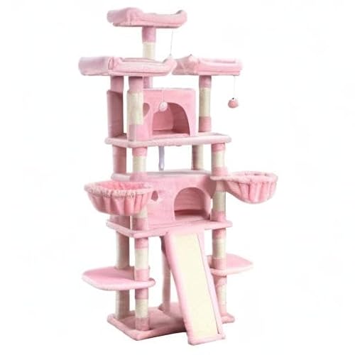 SHA CERLIN 68 Inches Multi-Level Large Cat Tree for Large Kitties/Big Cat Tower with Condo/Cozy Plush ‌Pussycat Perches/Sisal Scratching Posts and Hammocks/Activity Center/Pink