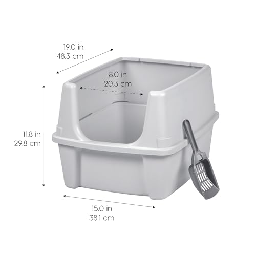 IRIS USA Cat Litter Box Large Open Top with High Sided Walls Tall Scatter Shield Scoop Included Easy Clean Plastic Pan Stain Resistant for Big Cats Kittens Indoor Multi-Cat Households
