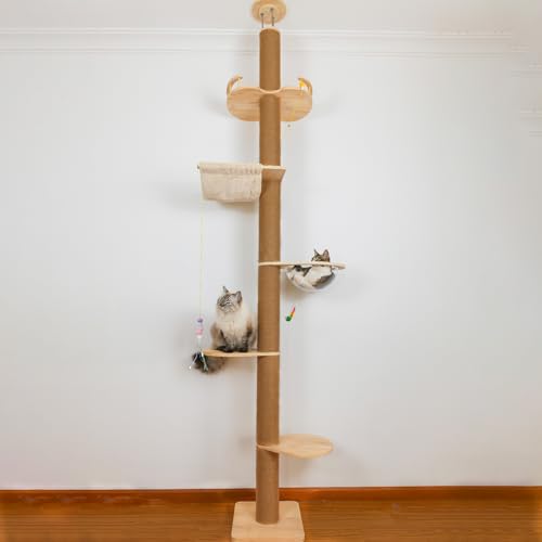 Floor to Ceiling Cat Tree Height (50-120.5in) Adjustable Cat Tower 5 Tier Hemp Scratching Post High Cat Tree Sturdy Activity Tree Indoor Outdoor Cat Scratching Post Activity Center