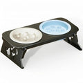 Elevated Ceramic Slow Feeder Bowls, 2 Bowls & Black Stainless Steel Stand,for Cats and Small Medium Dogs, 1.5 Cups*2,Raised Cat Food and Water Bowl Set, Blue & White