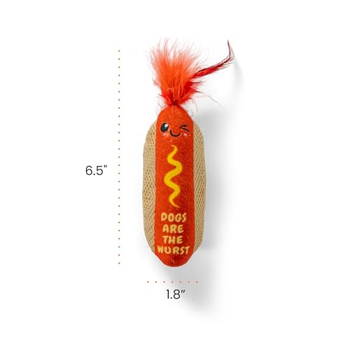 Catstages Hotdog Kicker Toy with Catnip and Dental Mesh, Hot Dog Shape, Plush and Feather Cat Toy for Kicking, Tossing, and Teeth Cleaning, Brown