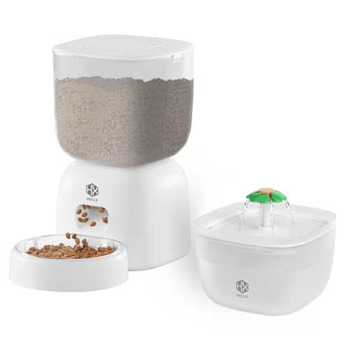 HX HECLX Automatic Cat Feeder with 3L Dry Cat Food Dispenser and 2L Water Fountain, Timed Dog Feeder with Portion Control and Daily Meals, Wire/Battery Automatic Feeders, White