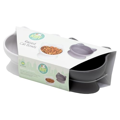 Kitty City Elevated Cat Bowls (Set of 2), Whisker-Friendly Raised Cat Food & Water Dishes, Modern Pedestal Design, Dishwasher Safe, 6.5 oz Each – White & Gray