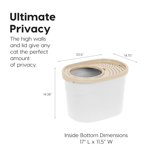 IRIS USA Cat Litter Box Large Top Entry with Lid Enclosed Covered Hooded Design Litter Catching Scatter Shield Pan Dog Proof Pet Proof Scoop Included Odor Control for Indoor Cats Kittens White/Beige