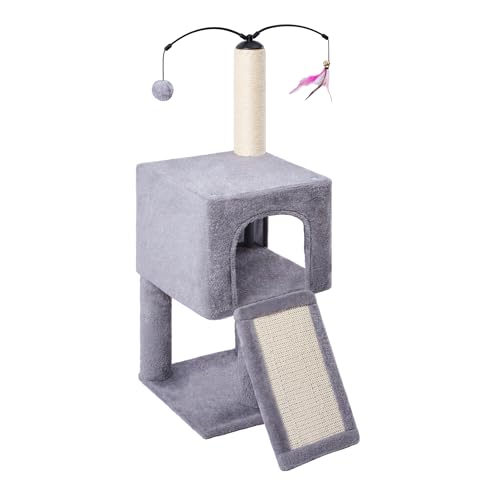 Roypet 32" Cat Tree for Indoor Cats, 2-in-1 Cat House with Sisal Scratching Post & Ramp, 2-Level Cat Tower with Rotatable Feather & Ball Toys, Stable Grey Cat Condo for Small/Medium Cats, Grey