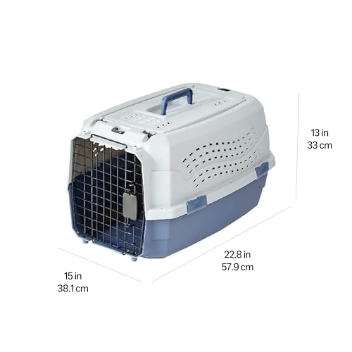 Amazon Basics Sturdy Portable 2-Door Top-Load Hard-Sided Pet Travel Carrier with Secure Ventilation, Handle, Front & Top Entry for Dogs, Cats, 22.8"L x 15"W x 13"H, Gray & Blue