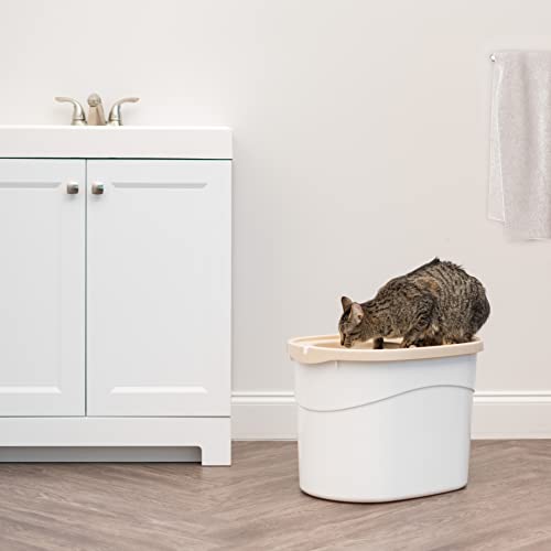 IRIS USA Cat Litter Box Large Top Entry with Lid Enclosed Covered Hooded Design Litter Catching Scatter Shield Pan Dog Proof Pet Proof Scoop Included Odor Control for Indoor Cats Kittens White/Beige