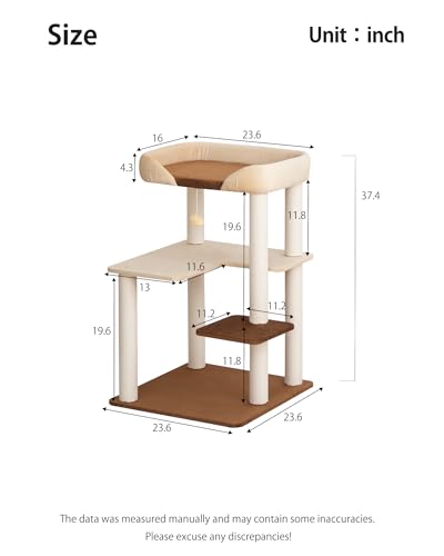 PETTIFUL Cat Tree for Large Cats, Modern Senior Friendly Cat Tower with Wide Shelves, Cotton Scratching Posts, Super Sturdy Base, Cozy Perches, and Interactive Toys for Indoor Kittens, 37.4'' Cream.