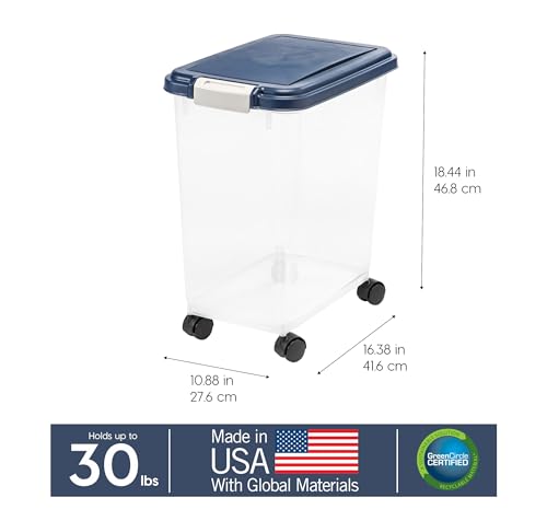 IRIS USA Airtight Dog Food Storage Container, Up to 30 lbs, Attachable Wheels, for Dog Cat Bird and other Pet Food Storage Bin, Keep Fresh, Easy Mobility, BPA Free, Navy