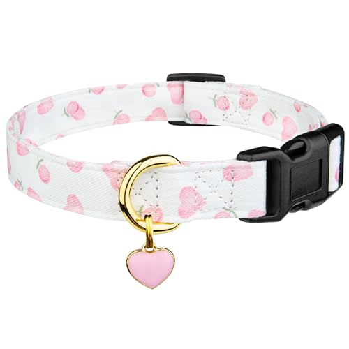 Cotton Handmade Dog Collar Cute and Distinctive Patterns White and Pink Love Heart with Pendant for Girl Boy Dogs Collars S