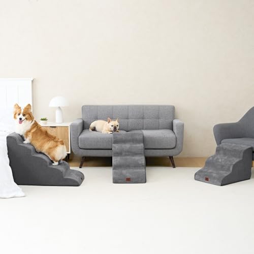 EHEYCIGA Curved Dog Stairs Ramp for High Beds 19.7" H, 4-Step Dog Steps for Small Dogs and Cats, Pet Stairs for High Bed Climbing, Non-Slip Balanced Pet Step Indoor, Grey