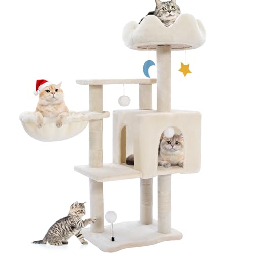 Cat Tree Tower with Metal Frame Hammock, 40'' Cat Trees for Indoor Cats Large Adult, Cat Towers with Scratching Post, Cats Condo Furniture with Cloud Top Perch, Cats Climbing Tower for Kittens(White)