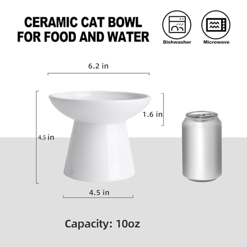 KITCHENLESTAR 6.2 Inch Extra Wide Elevated Ceramic Cat Bowls, Food and Water Bowl Set for Elder Big Cats Small Dogs, Raised Design for Pet Easy Eating, Protect Cat's Spine Set of 2(White)