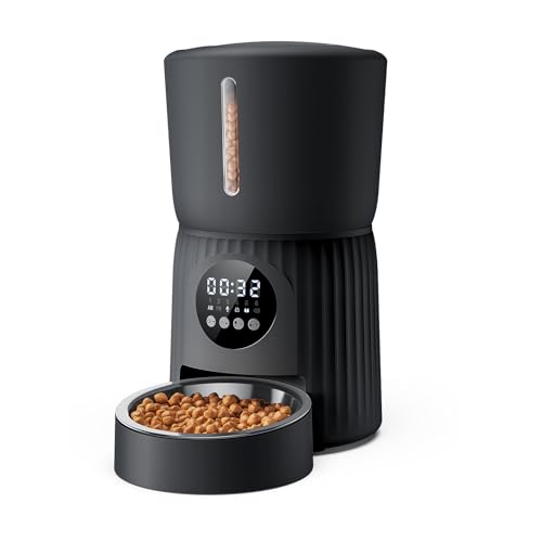Faroro Automatic Cat Feeder, 4L Cat Food Dispenser with Portion Control, 1-6 Meals Per Day, 10s Voice Recording, Slow Feed, Dual Power Supply for Cats and Small Dogs (Black)
