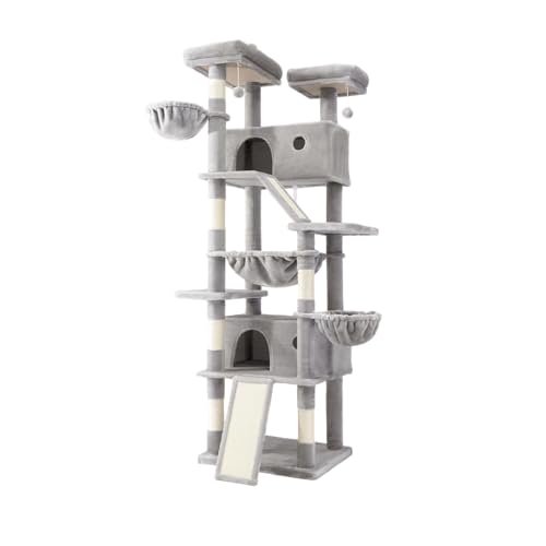 SHA CERLIN 81in Multi-Level Tall Cat Tree Tower for Indoor Kitties/Larger Cat Condo Furniture with Hammock/Cozy Pussycat Perches/Sisal Scratching Posts/Pet House/Wide Base/Grey