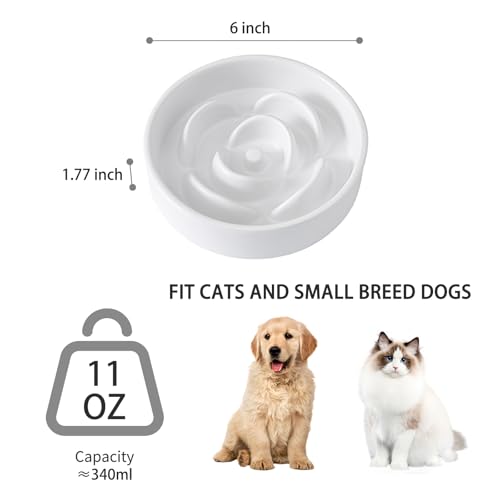 Welloyed 6'' Ceramic Slow Feeder Dog Bowls - Petal Shape Modern Dog Food Dish for Cats and Small Breed Dogs, Puzzle Maze Bowl to Slow Down Eating, Anti-Gulping, Dishwasher & Microwave Safe, White