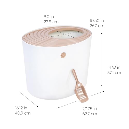 IRIS USA Cat Litter Box Large Top Entry with Lid Enclosed Covered Hooded Design Litter Catching Scatter Shield Pan Dog Proof Pet Proof Scoop Included Odor Control for Indoor Cats Kittens Beige/White