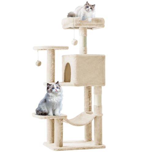 Sweetcrispy 44 Inch Cat Tree Tower, Cat Climbing Tower with Natural Sisal Scratching Posts, Hammock, Pet Condo for Indoor Cats and Kittens Play, Beige