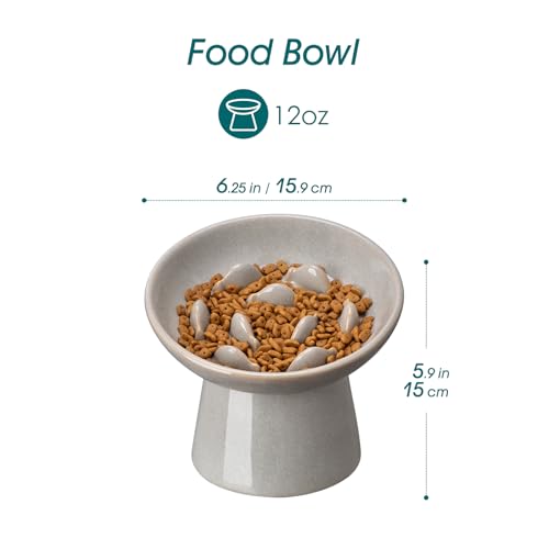 vancasso Ceramic Slow Feeder Cat Bowl, 6.25 Inch Elevated Cat Slow Feeder Bowl, Anti Vomiting for Dry and Wet Food, Grey