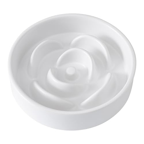 Welloyed 6'' Ceramic Slow Feeder Dog Bowls - Petal Shape Modern Dog Food Dish for Cats and Small Breed Dogs, Puzzle Maze Bowl to Slow Down Eating, Anti-Gulping, Dishwasher & Microwave Safe, White
