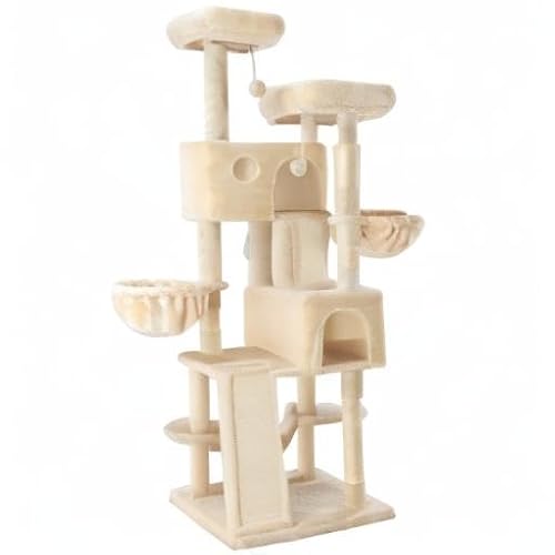 SHA CERLIN 65in Larger Cat Tree Tower Condo for Indoor Kitties/Multi-Level Furniture Activity Center with Wide Base/Cozy Plush Cat Perches/Baskets/Sisal Scratching Posts and Hammock/Beige
