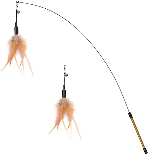 Pawaboo Feather Teaser Cat Toy - Interactive Wand with Extra Long 34.5" Wand and Small Bell, Fun Exerciser Playing Toy for Kittens or Cats, Brown Feather