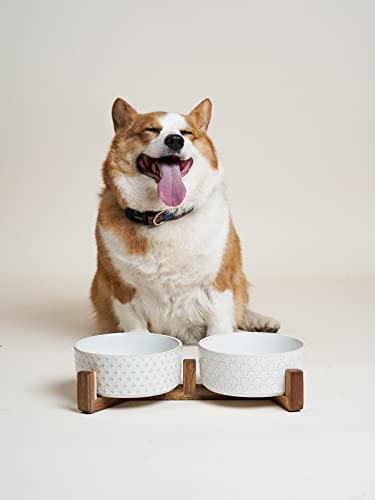 LE TAUCI Dog Bowl Set with Acacia Wood Stand - 1.5-Cup Ceramic Puppy Bowls for Small Dogs, Dual Food and Water Bowls with Weighted Non-Slip Base