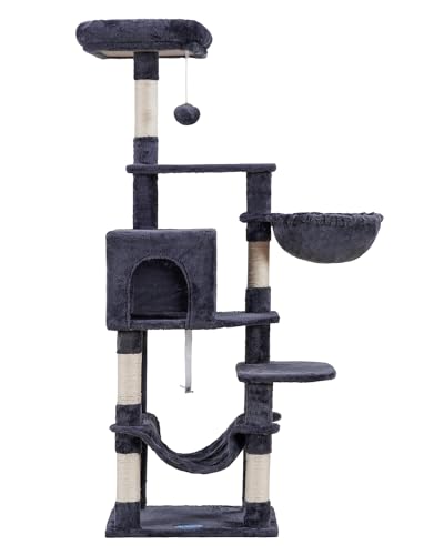 Hey-brother Cat Tree with Large Hammock, Multi-Level Cat Tower for Indoor Cats, Cat Condo with Sisal-Covered Scratching Posts and Top Perch, Smoky Gray MPJ050G