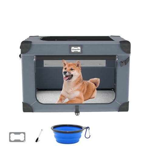 QUIBBLICK 30 Inch Soft Dog Crates, Collapsible Dog Travel Crate for Medium Dogs Indoor & Outdoor, 3-Door Foldable Pet Kennel with Mesh Windows, Soft Blanket and Foldable Bowl
