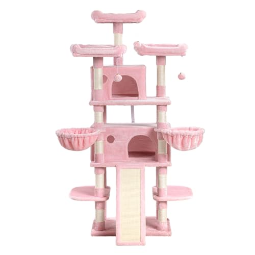 SHA CERLIN 68 Inches Multi-Level Large Cat Tree for Large Kitties/Big Cat Tower with Condo/Cozy Plush ‌Pussycat Perches/Sisal Scratching Posts and Hammocks/Activity Center/Pink