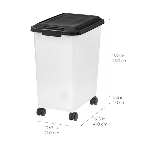 IRIS USA Dog Food Storage Container, 2 Pack, Up to 30 lbs Each, Airtight Seal for Freshness, Wheels for Rolling, Easy One Hand Opening, Made in USA, BPA Free, Clear/Black