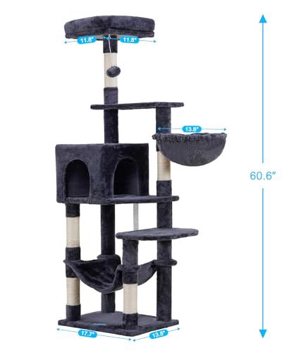 Hey-brother Cat Tree with Large Hammock, Multi-Level Cat Tower for Indoor Cats, Cat Condo with Sisal-Covered Scratching Posts and Top Perch, Smoky Gray MPJ050G