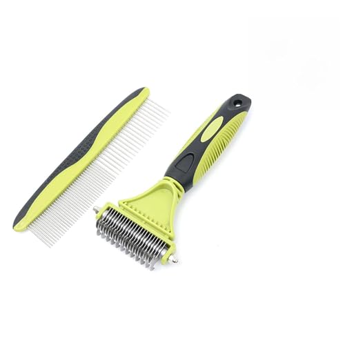 Pon Ywo Nree 2-in-1 Pet Grooming Brush & Undercoat Rake, Double Sided Dematting Comb for Dogs Cats, Shedding & Slicker Grooming Tool (Green)