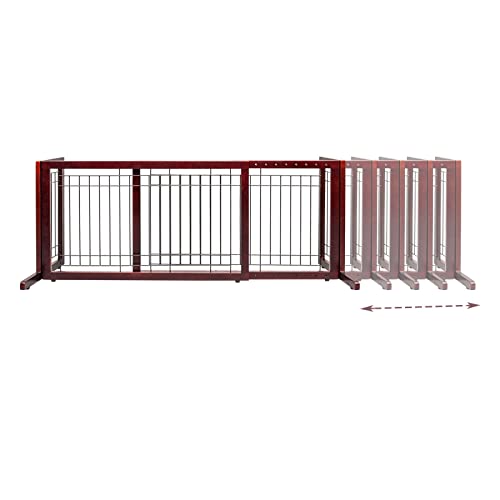 Bonnlo Free Standing Dog Gate, 37" - 68" Wide Pet Gate for Fireplace Stairs Doorways, Wooden Adjustable Pet Fence Indoor, Christmas Tree Gate (Cherry)